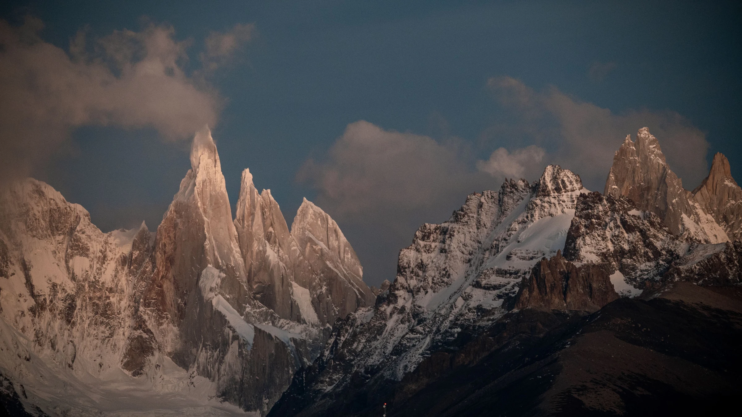 Cold evening light on the immense granite spires of Patagonia